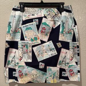 Talbots Postcard Travel Landmarks Print Skirt Navy Blue A-line Pencil Skirt 10p